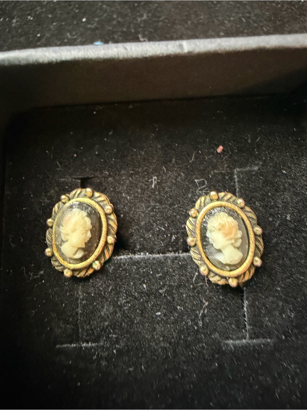 Vintage Cameo Clip On Earrings Gold Tone Victorian Revival Oval Portrait